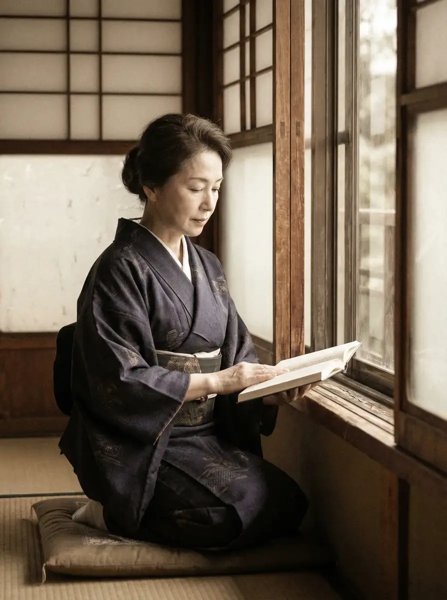 一位优雅的五十岁 多米体育官网 身穿深蓝色和服，在窗边静读